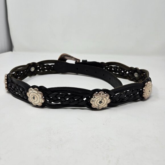 Fossil Braided Woven Black Leather Belt With Silver Accents & Western Buckle Des - Picture 4 of 6